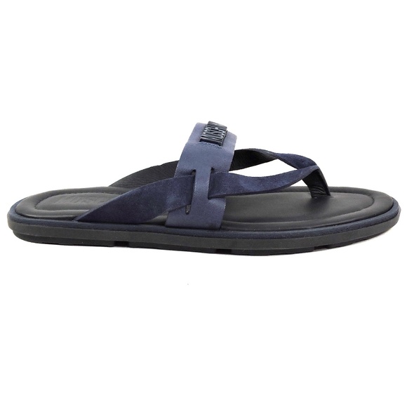 MOSCHINO ?? MEN\'S BLUE SOFT LEATHER COMFORT FLAT SUMMER SANDALS